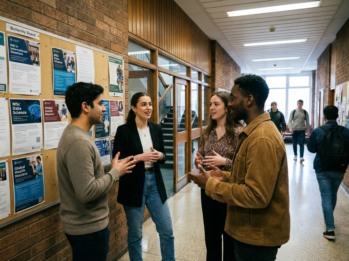 Groupe de jeunes discutant devant un tableau d