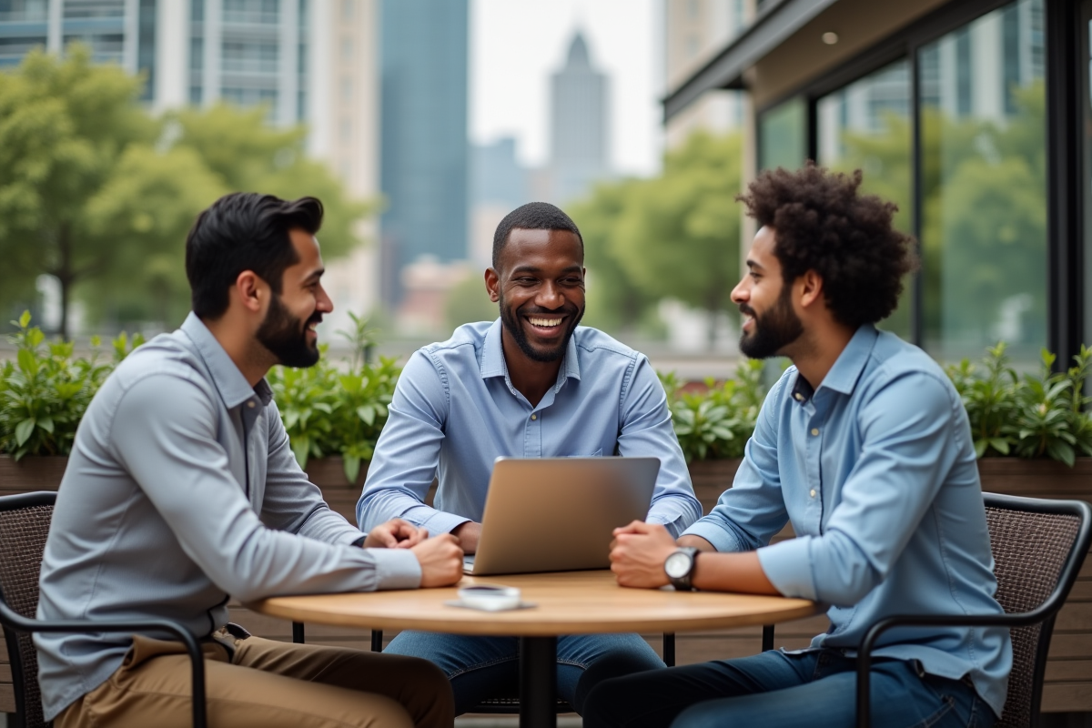 Groupe de jeunes entrepreneurs discutant au café en extérieur