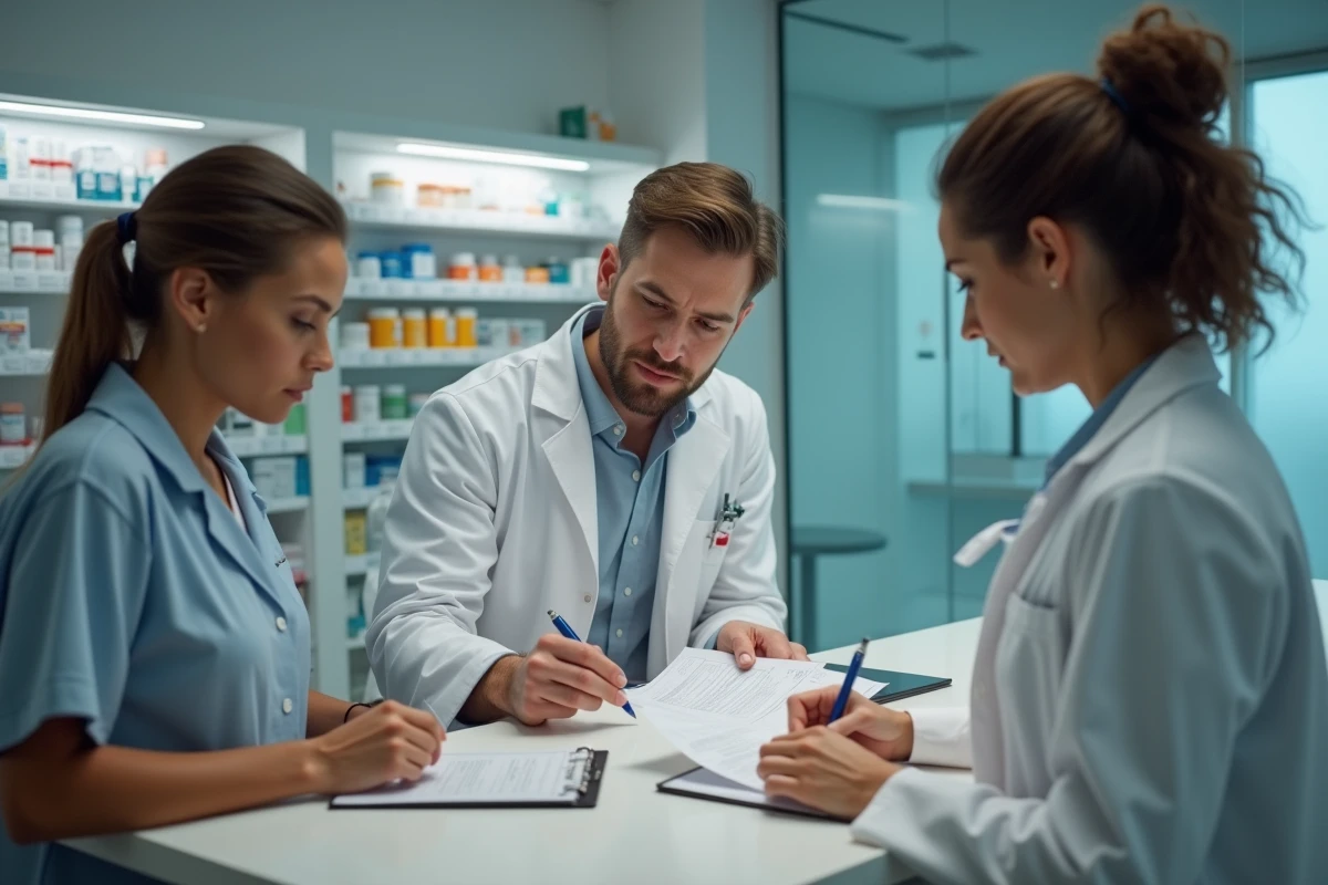 Équipe de pharmaciens discutant d'une ordonnance au comptoir pour organiser le travail en équipe dans une officine