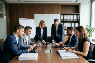 groupe de professionnels discutant autour d'une table de travail