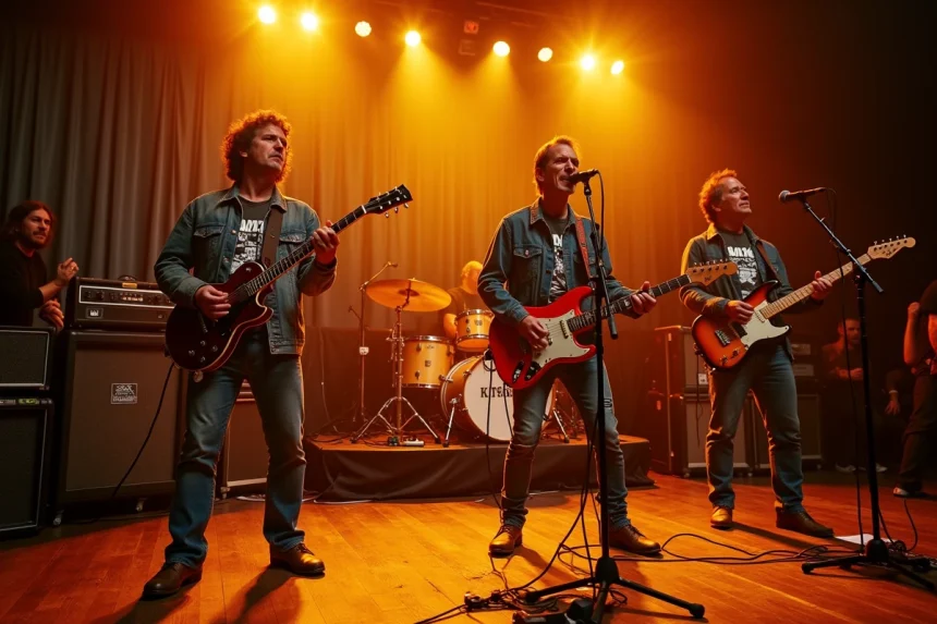 Groupe de rock français des années 80-90 en concert sur scène avec amplificateurs vintage et public nostalgique