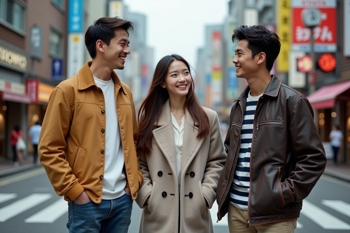 Groupe d amis souriants dans une rue animée de Tokyo