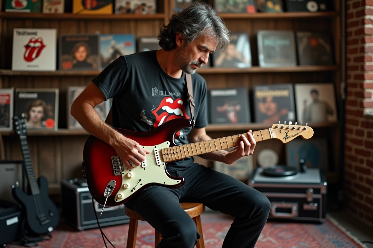 Guitariste français nostalgique dans un studio de répétition entouré de vinyles et cassettes des années 80-90
