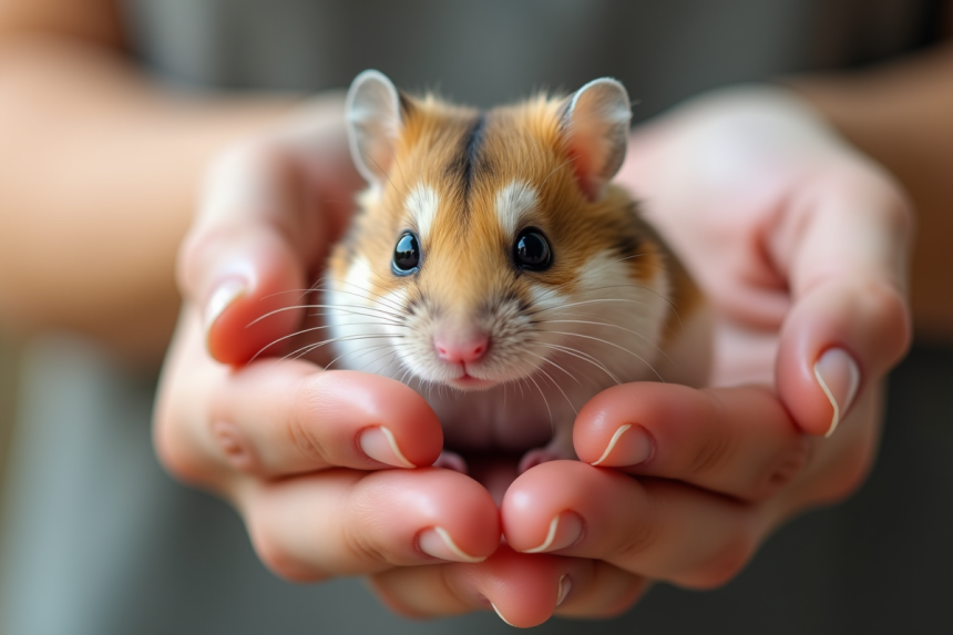 Hamster russe en main douce et lumineuse