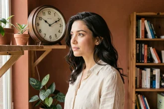 Femme contemplative regardant une horloge analogique affichant 16h16 dans un appartement chaleureux, symbolisant la signification de l'heure miroir