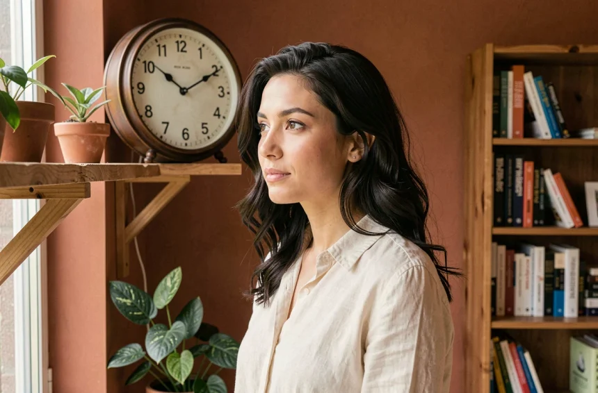 Femme contemplative regardant une horloge analogique affichant 16h16 dans un appartement chaleureux, symbolisant la signification de l'heure miroir