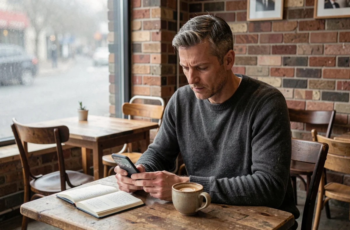 Homme méditatif dans un café regardant son téléphone affichant 16h16 avec un journal de notes sur la numérologie à côté de lui