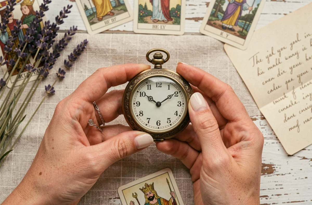 Mains féminines tenant une montre de poche ancienne indiquant 16h16 entourée de cartes de tarot et de lavande séchée, évoquant la symbolique spirituelle de l'heure miroir