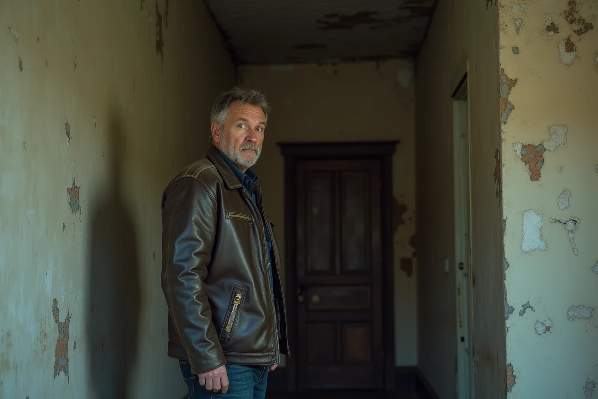 Homme seul dans un couloir de ferme abandonnée