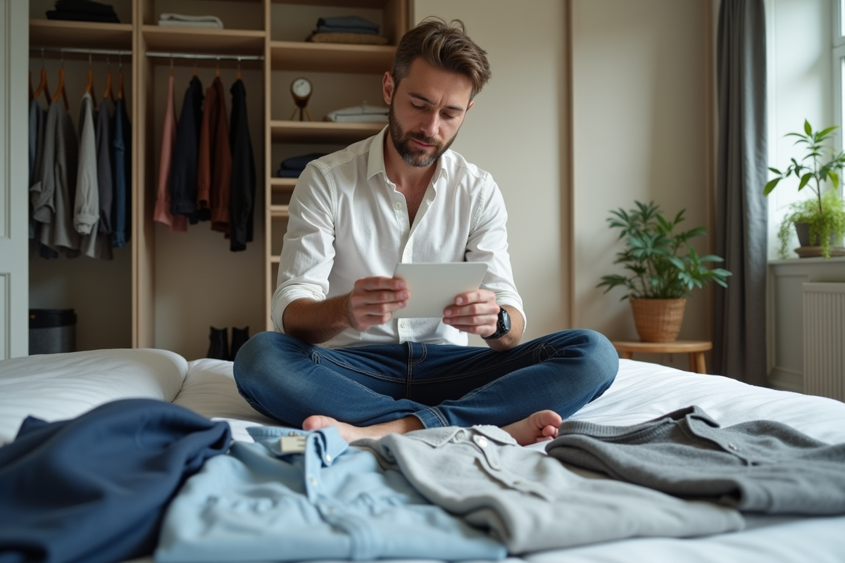 Homme comparant prix et vêtements dans sa chambre