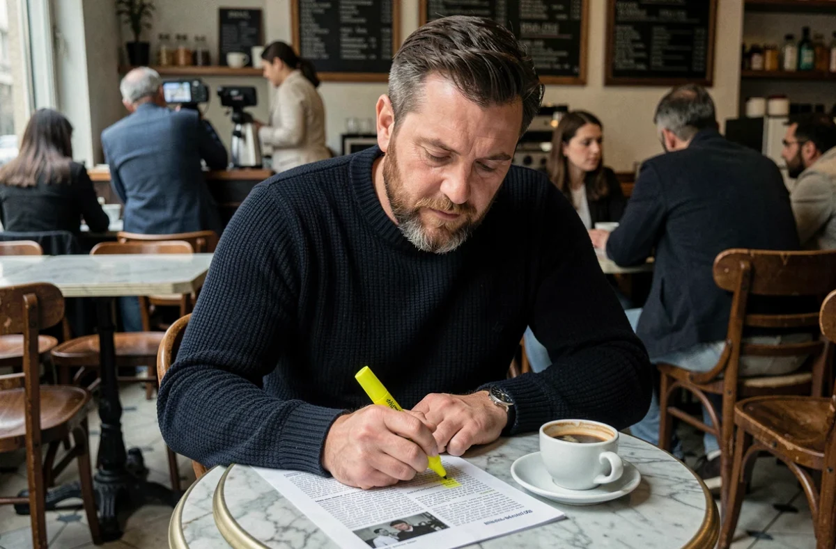 Homme analysant un article imprimé avec un surligneur dans un café parisien, incarnant la lecture critique d'un blog