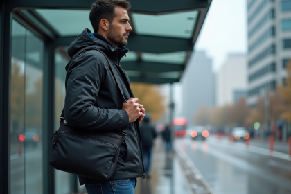 Homme ajustant son sac à bandoulière imperméable en ville