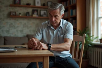 Homme d'âge moyen vérifiant un bracelet électronique dans son salon