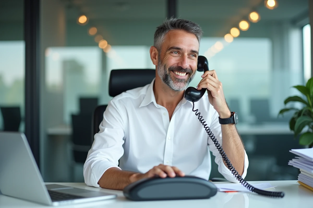 Homme en réunion au bureau avec téléphone et documents