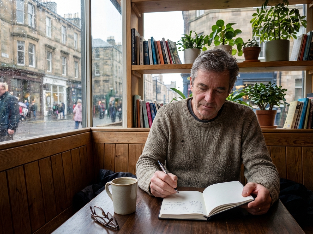 Homme prenant des notes dans un café calme