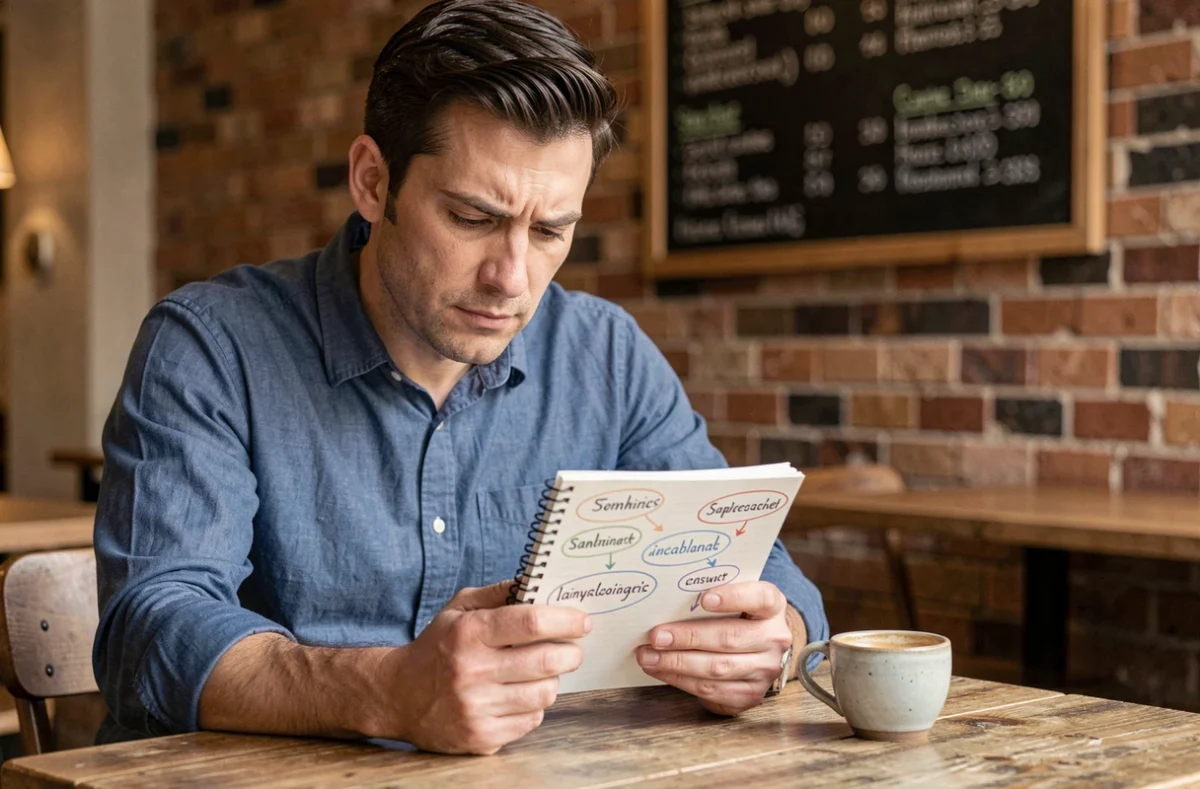 Homme dans un café analysant des associations de mots sémantiques pour résoudre Cemantix sans tricher