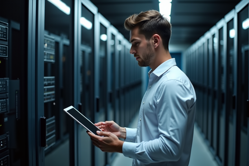 Jeune homme d'affaires dans un centre de données moderne