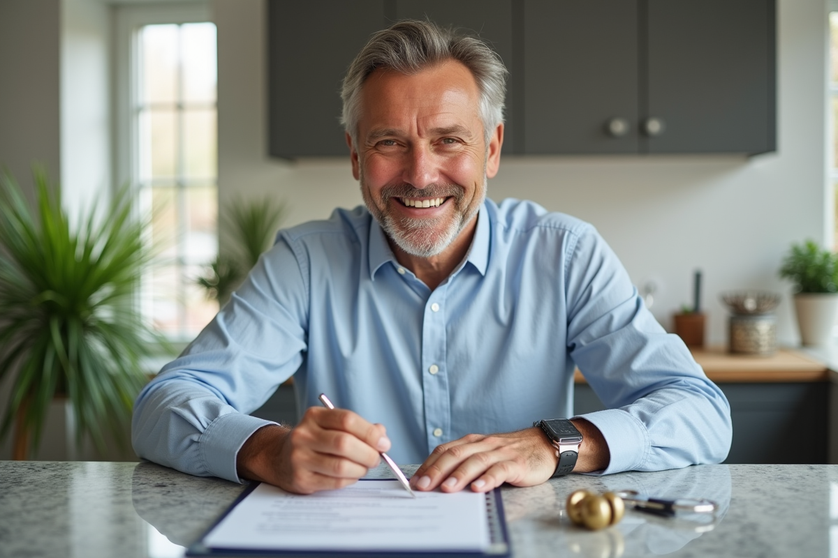 Homme vérifiant clés et papier dans une cuisine lumineuse