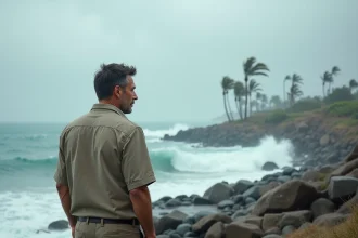 Homme d'âge moyen face à la mer déchaînée sur la côte