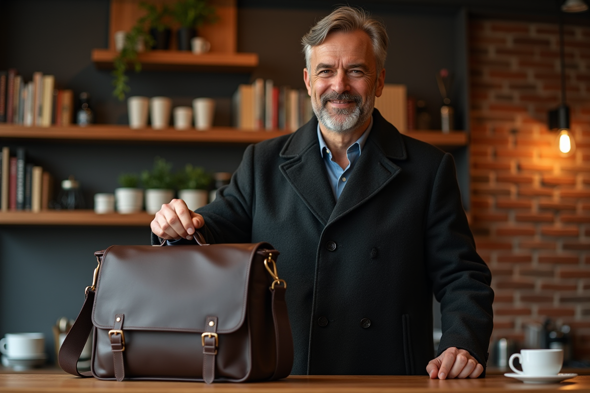 Homme dans un café posant son sac à messenger élégant