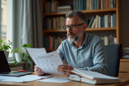 Homme français en bureau lisant des documents fiscaux