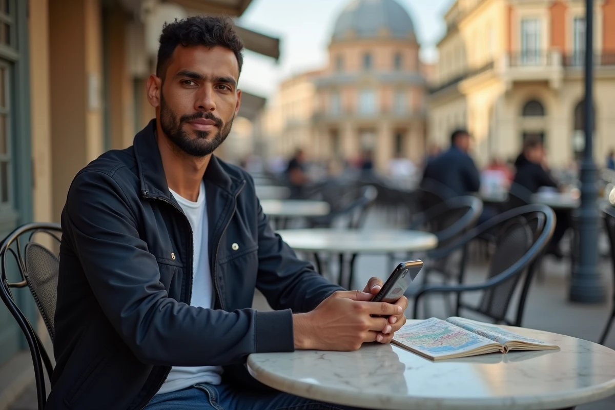 Homme consultant un guide et une carte num&eacute;rique en terrasse de caf&eacute; sur la place du Capitole &agrave; Toulouse