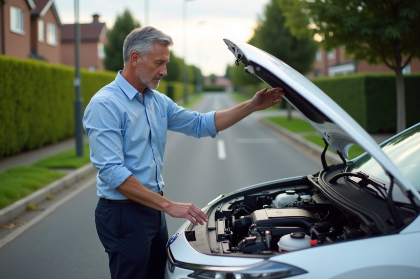 Homme d'âge moyen devant une voiture hybride avec capot ouvert