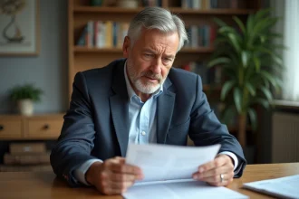 Homme d'âge moyen lisant un document à la maison