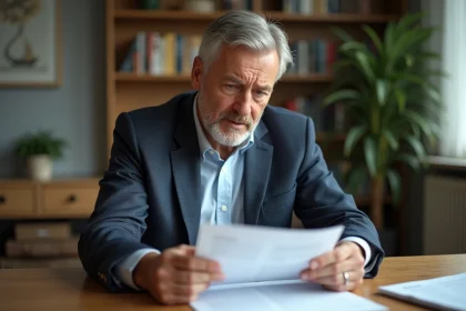 Homme d'&acirc;ge moyen lisant un document &agrave; la maison