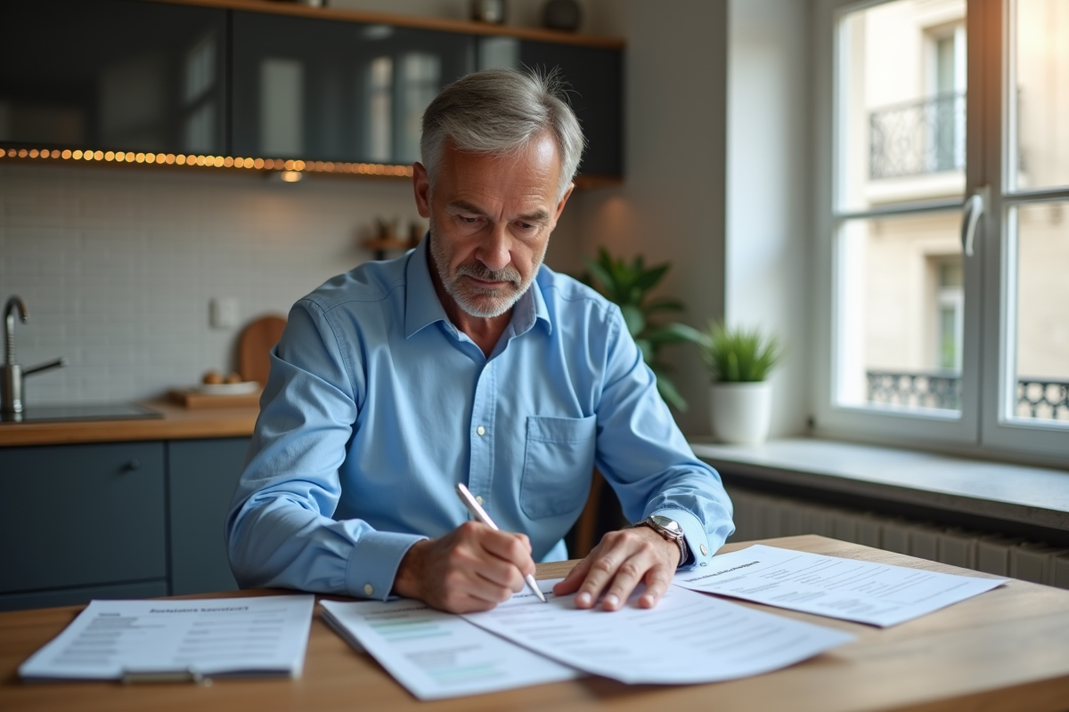 Homme d age moyen lisant documents de location dans une cuisine lumineuse