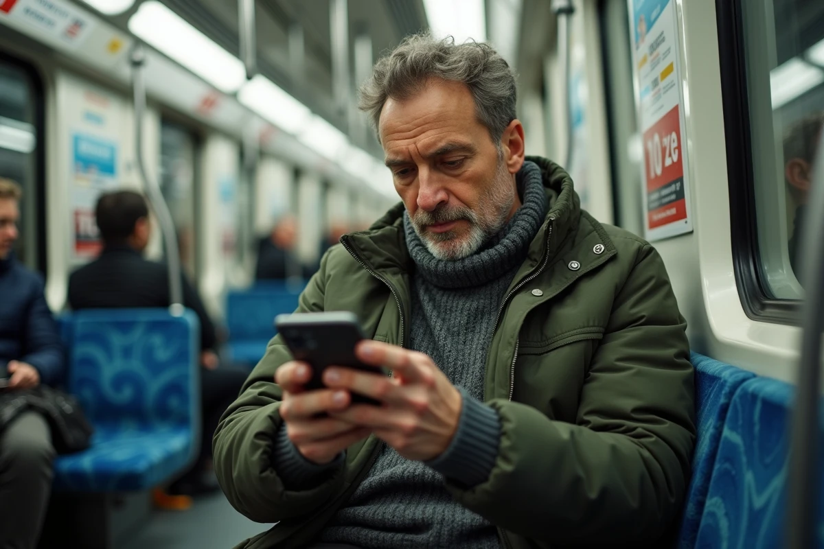 Homme dans le m&eacute;tro lisant un plan num&eacute;rique