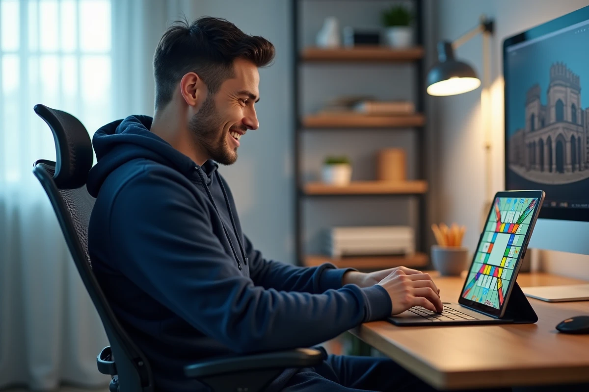 Homme décontracté jouant à Monopoly GO sur tablette dans un bureau à domicile moderne