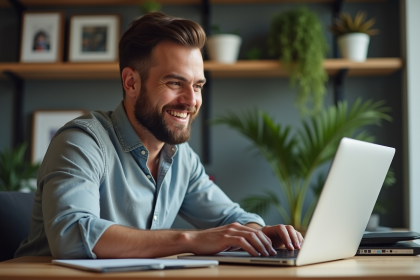 Homme d'affaires tapant son email sur un ordinateur dans un bureau moderne