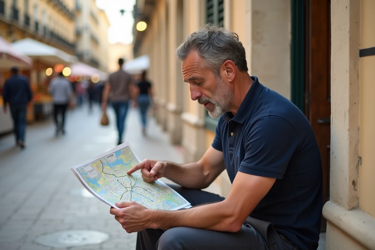 Homme assis à l'entrée d'une station de métro de Marseille en train d'étudier un plan de quartier