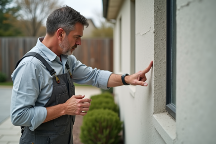 Homme en overalls examinant un mur extérieur endommagé