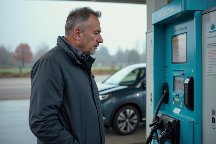 Homme en tenue casual à une station hydrogene moderne
