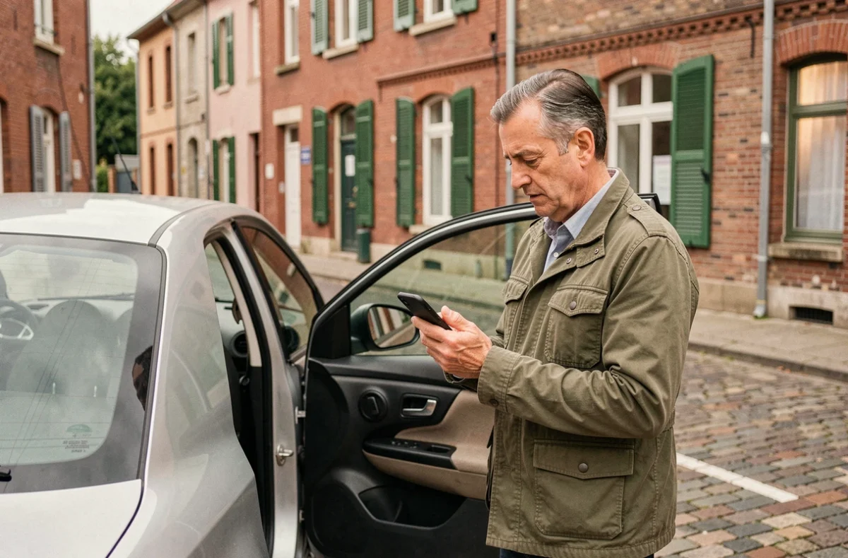 Homme consultant son téléphone pour se garer dans une rue pavée du nord de la France