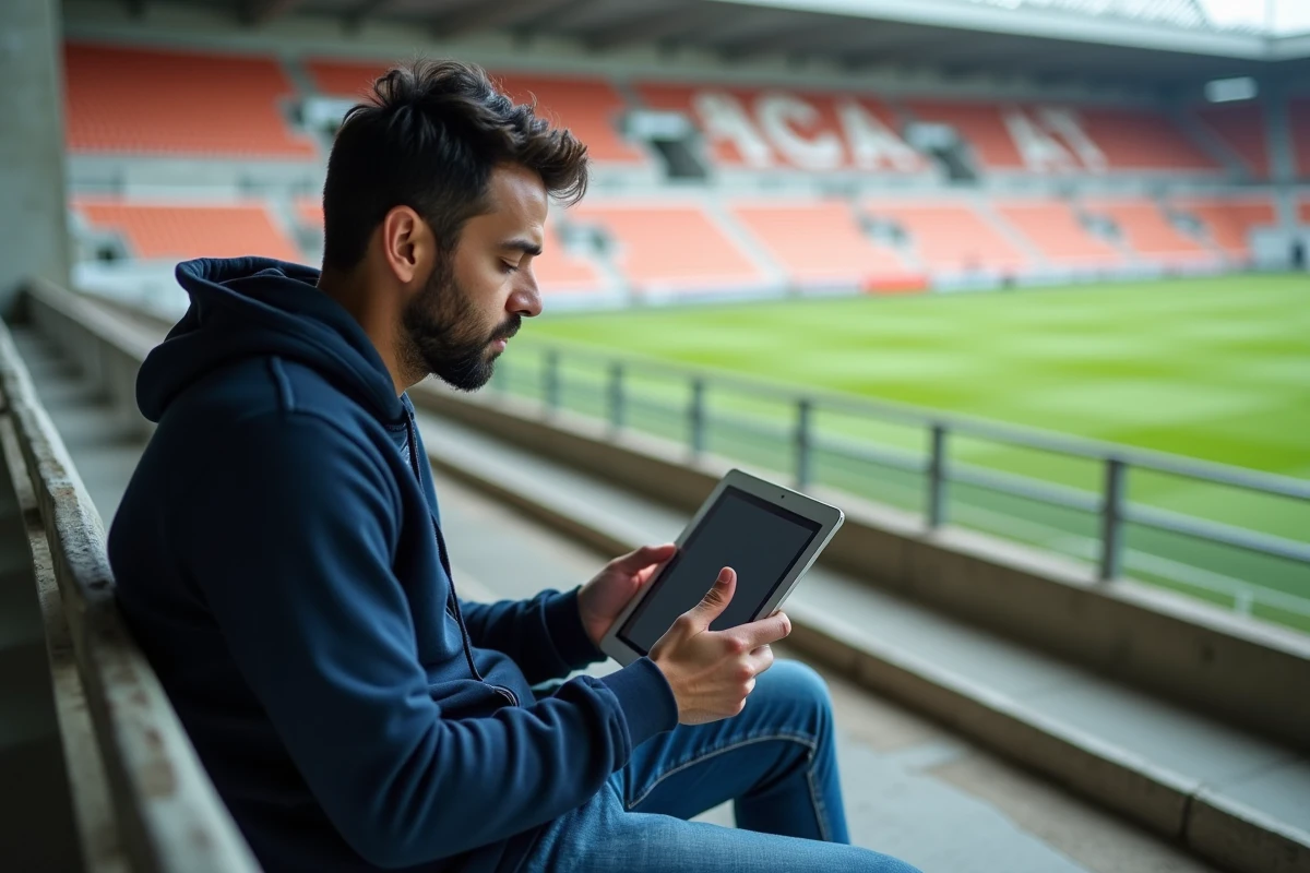 Homme algérien consultant les actualités du football sur une tablette dans un stade local