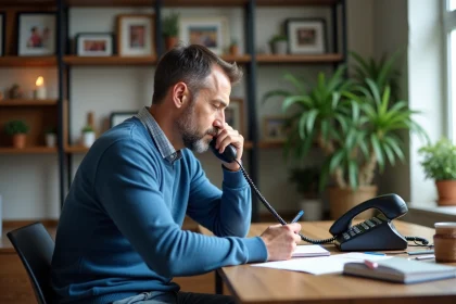 Homme d'&acirc;ge moyen examinant un t&eacute;l&eacute;phone fixe et prenant des notes