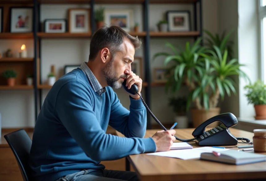 Homme d'&acirc;ge moyen examinant un t&eacute;l&eacute;phone fixe et prenant des notes