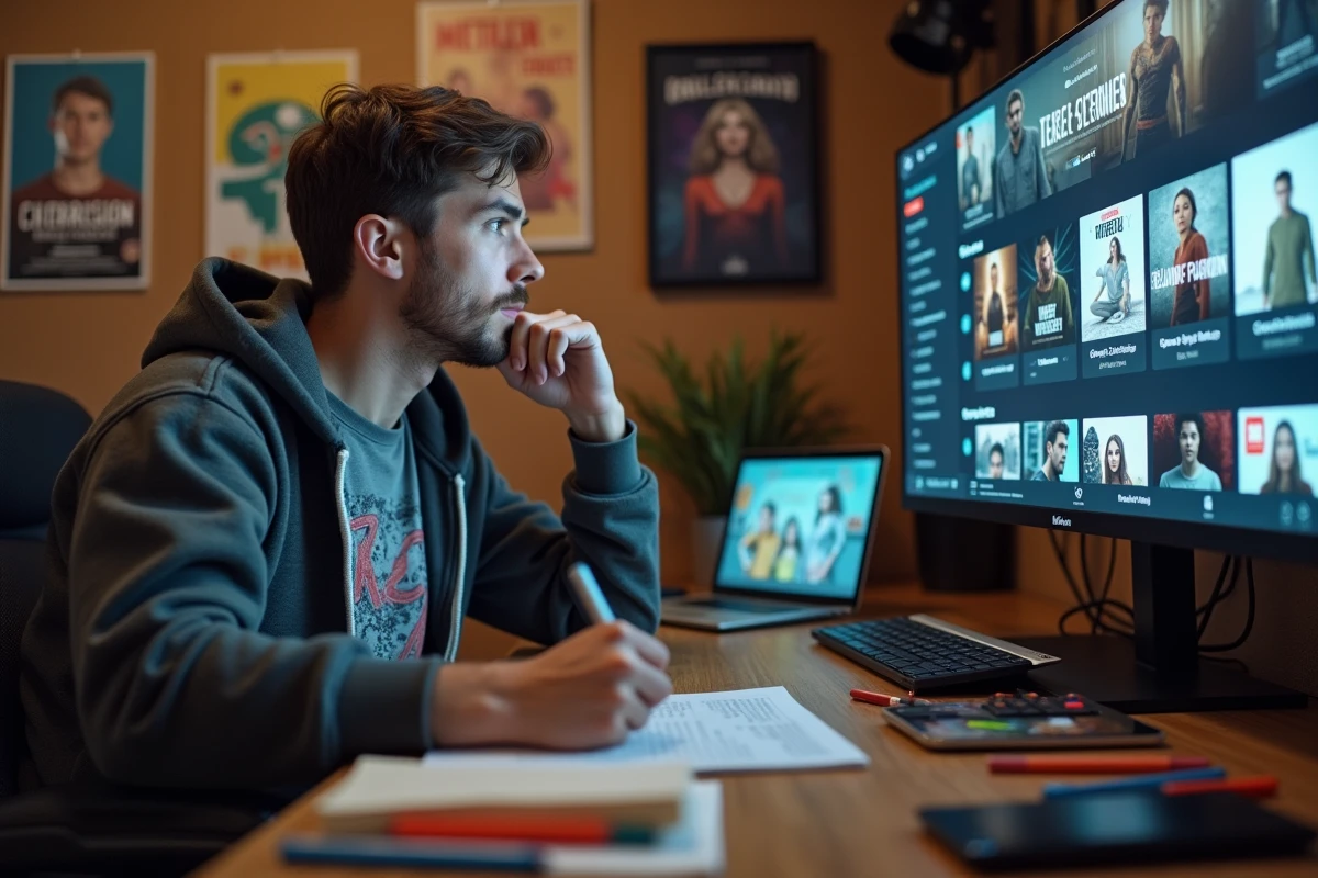 Jeune homme prenant des notes devant un écran de séries