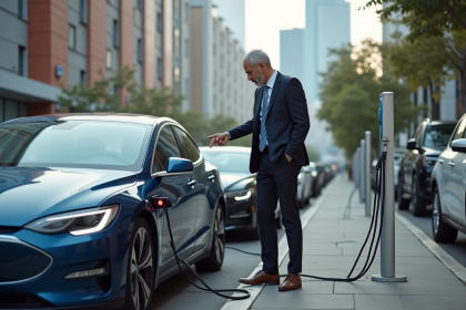 Homme d affaires à côté d une voiture hybride en station de charge urbaine