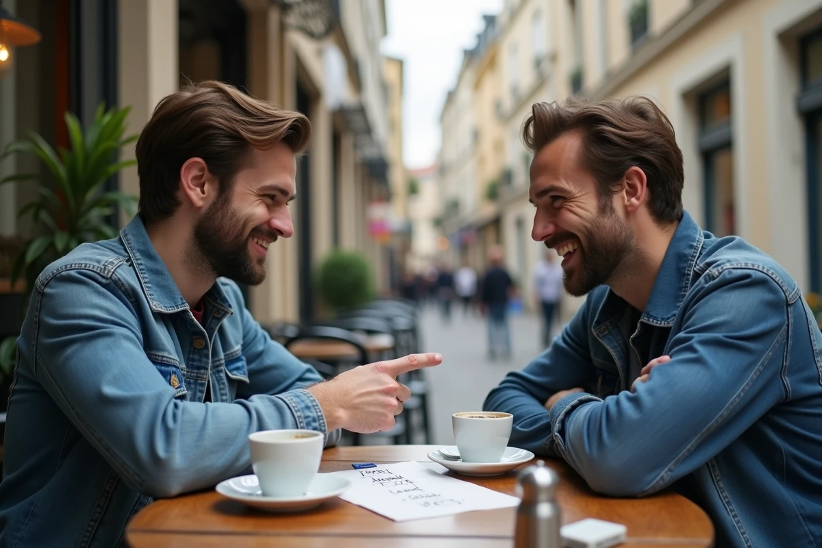 Deux hommes jouant au pendu sur une serviette en papier à la terrasse d'un café urbain