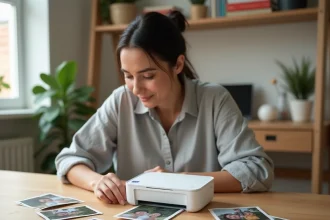 Femme examinant des photos imprimées avec une imprimante photo compacte posée sur un bureau en bois à domicile