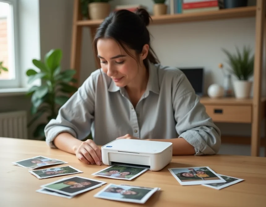 Femme examinant des photos imprimées avec une imprimante photo compacte posée sur un bureau en bois à domicile