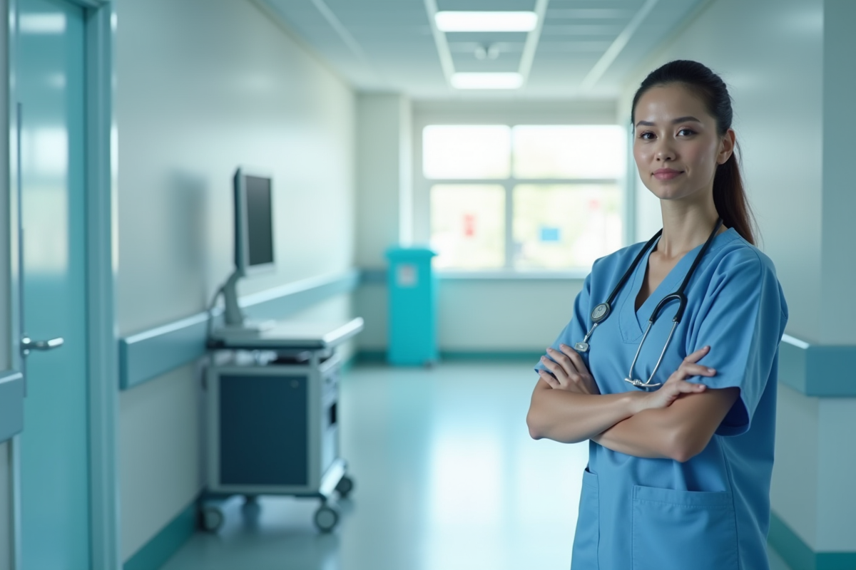 Infirmière dans un couloir d'hôpital moderne et lumineux