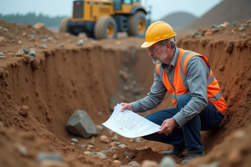 Ingénieur en chantier examinant plans sur site de construction