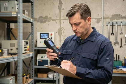 Ingénieur examinant un dynamomètre numérique portable dans un atelier industriel, avis utilisateur professionnel