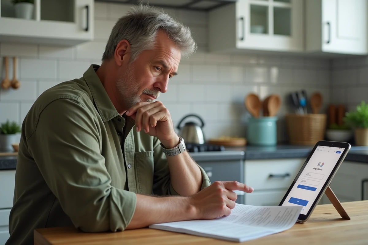 Adulte consultant un guide imprimé et une tablette pour s'inscrire sur une plateforme en ligne depuis sa cuisine