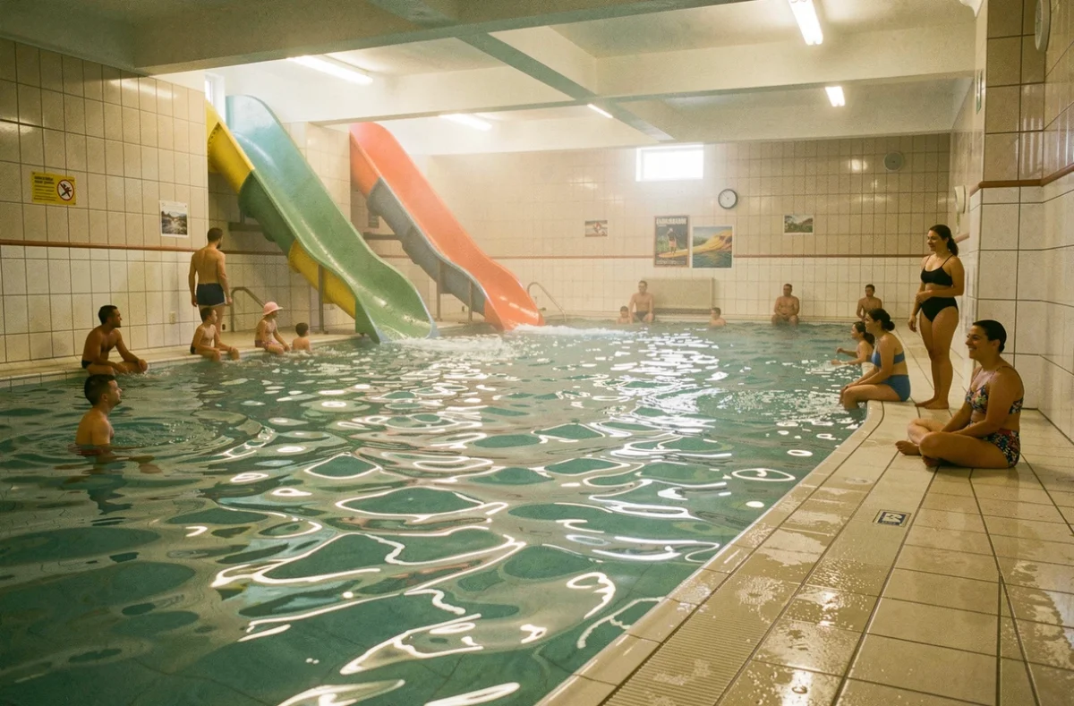 Intérieur de la piscine couverte d'Aqualud au Touquet avec toboggans et familles dans l'eau
